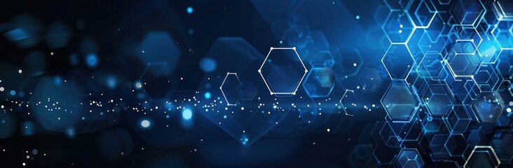 Poster - Abstract Blue Hexagon Pattern with White Lines and Glowing Dots