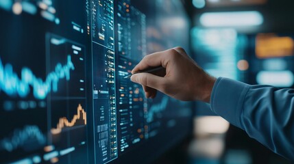 Poster - A focused hand interacting with a digital screen displaying financial data, stock graphs, and analytical charts.