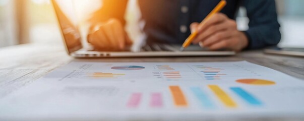 Poster - A focused professional analyzing data on a laptop with printed charts and graphs on a desk, representing productivity and teamwork.