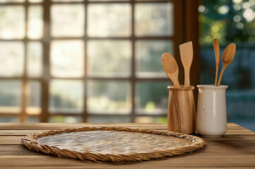 Canvas Print - Wooden utensils and wicker trivet resting on wooden table in front of window