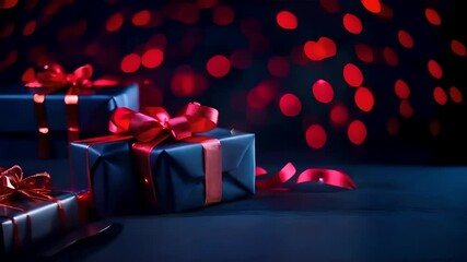 Wall Mural - Dark blue gift boxes tied with red ribbons against a dark blue background with red bokeh, symbolizing Diwali celebration, festive joy, Indian tradition, Diwali gifts, festival, decor, bokeh