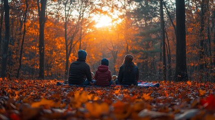 a family enjoys a serene sunset in a colorful autumn forest.