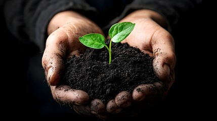 Close up of a farmer s hand gently holding a clump of rich dark soil with young green plants sprouting from the earthy fertile ground   symbolizing growth renewal and sustainable agriculture