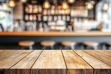 Poster - Empty wooden table top with blurred background of coffee shop bar counter