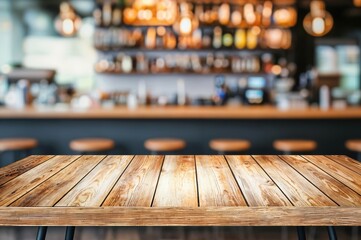 Poster - Empty wooden tabletop showing blurred pub background