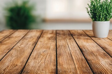 Poster - Empty rustic wooden table with potted plant providing serene background