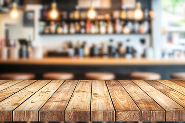 Poster - Empty wooden tabletop with blurred restaurant background