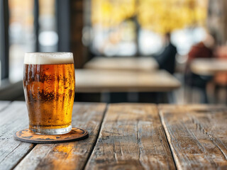 Poster - Glass of cold beer standing on empty table in pub
