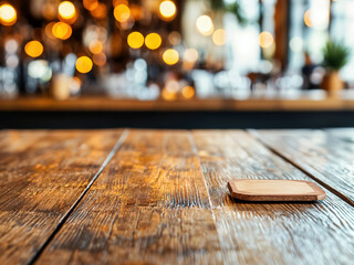 Poster - Empty coaster lying on wooden table in blurred bar background