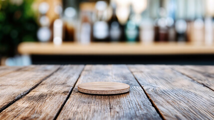 Poster - Empty round wooden coaster lying on a table is waiting for a drink to be served at the bar