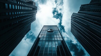 Poster - A dramatic low-angle view of a modern skyscraper amidst towering buildings and cloudy skies.