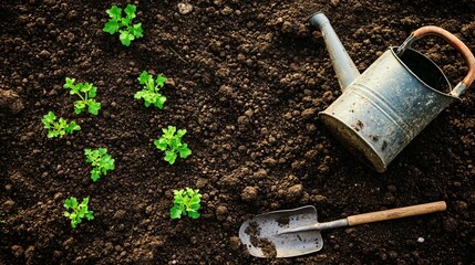 Wall Mural - A garden shovel, watering can, and  a row of young green plants.