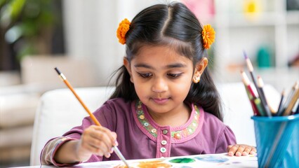 Indian Girl Drawing and Painting with a Brush: Creative Coloring Activities






