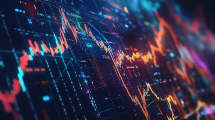 Poster - A dynamic financial stock graph displayed on a digital screen, showcasing rising and falling trends with colorful lines and bars, emphasizing market fluctuations and analysis.