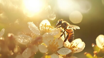 Poster - A dynamic shot of a bee collecting nectar from a flower, with dew drops visible on the petals, illustrating the connection between nature and its pollinators