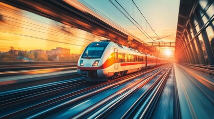 Poster - A dynamic shot of an electric train crossing a bridge, with beautiful sunset colors reflecting on the metal structure, creating a picturesque moment of urban travel.