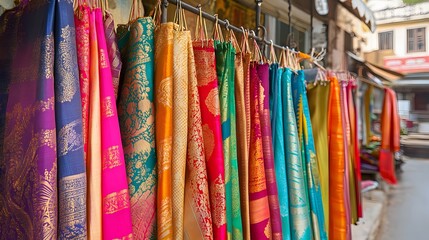 A vibrant display of colorful silk sarees hanging in an Indian market
