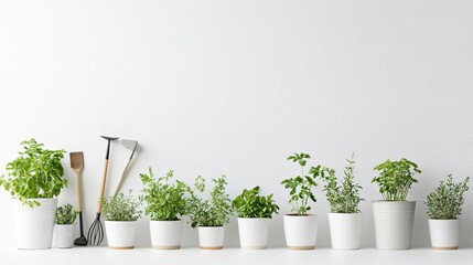 Wall Mural - A row of potted plants against a white wall with gardening tools.