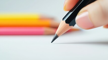 Poster - A close up shot of an illustrator hand reaching for a colored pencil, highlighting the tools and materials essential for their craft.