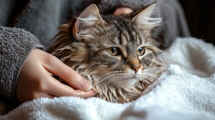 Poster - A fluffy cat being towel-dried after a bath, with a person carefully rubbing the cat fur, while the cat looks calm and slightly tired.