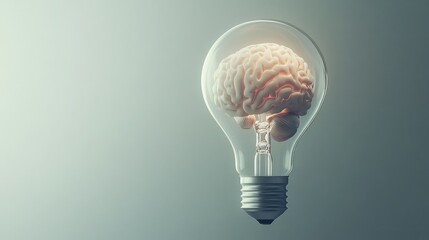 Poster - Abstract human brain in a light bulb, glowing softly, floating on a neutral gray background. No people, no logos, simple design.