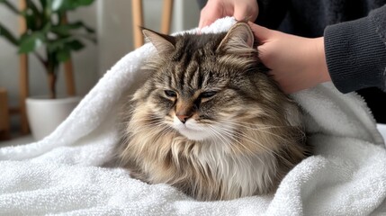 Poster - A fluffy cat being towel-dried after a bath, with a person carefully rubbing the cat fur, while the cat looks calm and slightly tired.