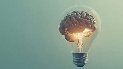 Poster - Abstract human brain in a light bulb, glowing softly, floating on a neutral gray background. No people, no logos, simple design.