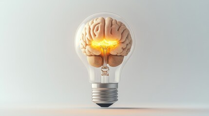 Poster - Creative idea concept with a human brain enclosed in a glowing light bulb, isolated on a minimal white background. No people, no logos.