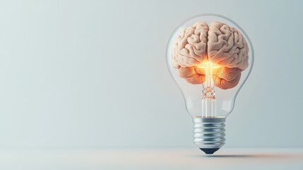 Poster - Creative idea concept with a human brain enclosed in a glowing light bulb, isolated on a minimal white background. No people, no logos.