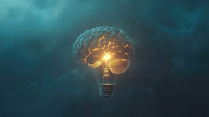Poster - Futuristic concept of a human brain encased in a glowing light bulb, floating in a simple, clean background. No people, no logos, minimal design.