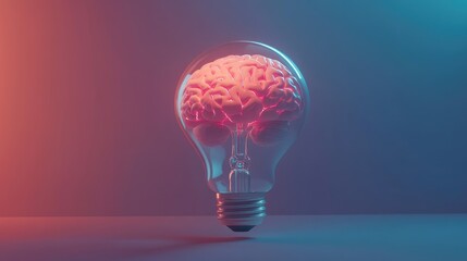 Poster - Futuristic concept of a human brain encased in a glowing light bulb, floating in a simple, clean background. No people, no logos, minimal design.
