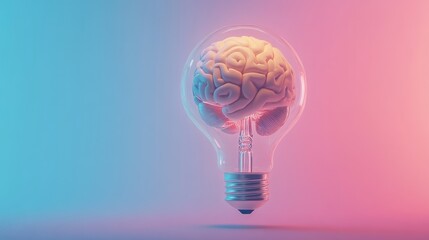 Poster - Futuristic concept of a human brain encased in a glowing light bulb, floating in a simple, clean background. No people, no logos, minimal design.