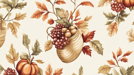 Pattern featuring cornucopias and autumn leaves on a soft beige background.