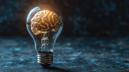 Poster - Human brain concept illuminated inside a light bulb, placed in the center of a minimalistic background. No people, no logos, clean focus point.