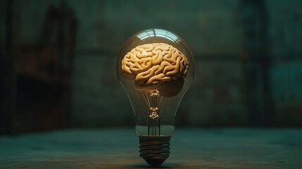Poster - Human brain concept illuminated inside a light bulb, placed in the center of a minimalistic background. No people, no logos, clean focus point.