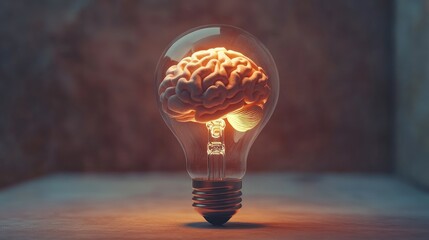 Poster - Human brain concept illuminated inside a light bulb, placed in the center of a minimalistic background. No people, no logos, clean focus point.