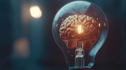 Poster - Human brain concept illuminated inside a light bulb, placed in the center of a minimalistic background. No people, no logos, clean focus point.