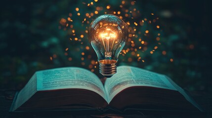 Poster - Lightbulb floating above an open book, its flickering glow symbolizing intellectual curiosity. No people, no logos, simple scene.