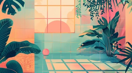 Wall Mural - A colorful drawing of a bathroom with a plant and a small ball. Scene is bright and cheerful