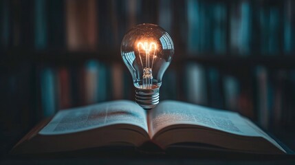 Poster - Lightbulb hovering above an open book, its flickering glow reflecting off the pages, creating a sense of inspiration. No people, no logos, minimalist design.