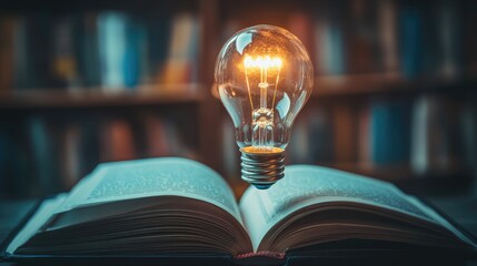 Poster - Lightbulb hovering above an open book, its flickering glow reflecting off the pages, creating a sense of inspiration. No people, no logos, minimalist design.