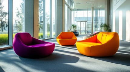 Colorful and modern relaxation area in an open space office, bathed in natural light from clear windows