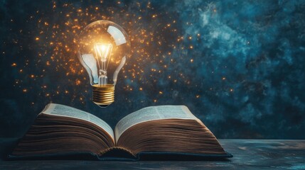 Poster - Open book with a floating, glowing lightbulb above it, flickering softly to illuminate the pages. No people, no logos, minimal background.