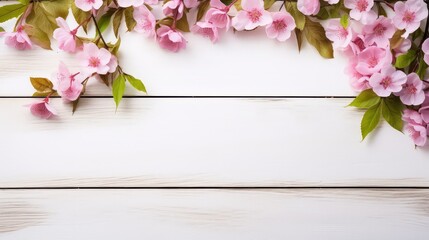 Wall Mural - Spring cherry blossom background with wooden board