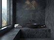 © azlen - Modern elegant minimalistic dark gray, grey or black bathroom home or house apartment interior design with a pillow, wall, sink and faucet. - ai
