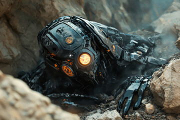 A robot is lying on the ground in a rocky area. The robot is made of metal and has a black and orange color scheme. The robot appears to be damaged and broken, with its head missing