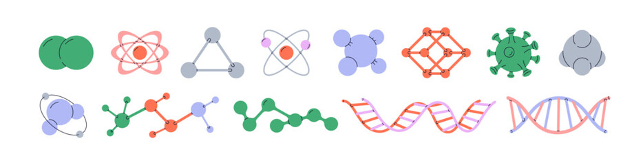 science elements set. scientific particles and molecular structures, atoms, molecules and dna strand
