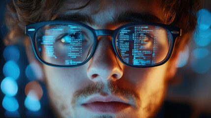young man with glasses programming on computer screen, lines of code, science, programmer, scientist, future, boy, guy, artificial intelligence, hologram, developer, digital device, display