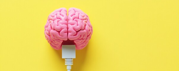 Poster - Pink brain model connected with USB on yellow background, technology and innovation concept