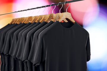 Poster - Row of clean black t-shirts hanging on rack on blurry light bokeh background. Mock up place. Fashion and showroom concept. 3D Rendering.